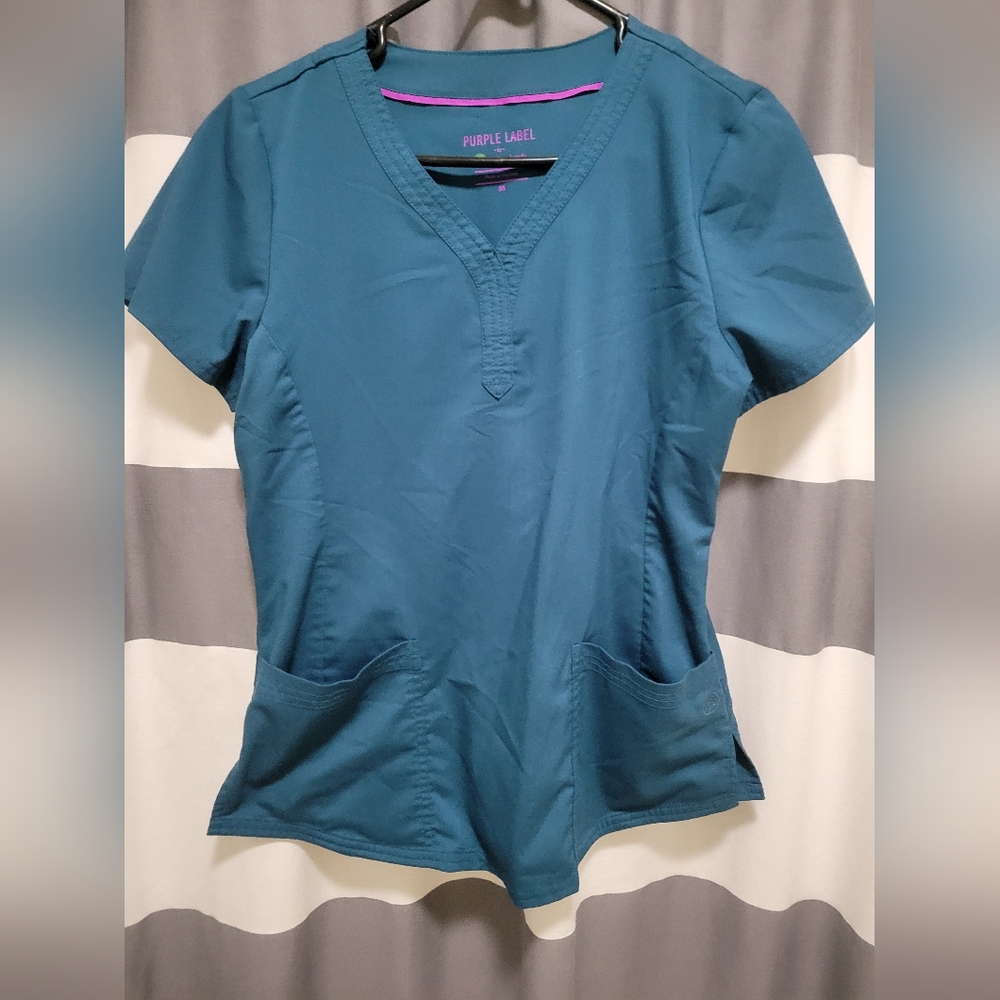 Healing hands purple label scrub top. Caribbean blue.